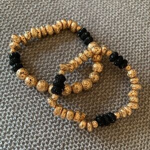{Handmade} Gold Lava and Black Resin Beaded Bracelet Set